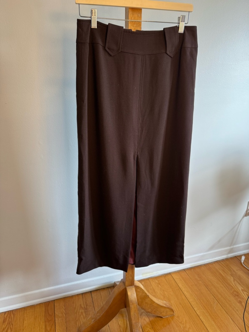 Vintage 90s Big Fish Chocolate Wool Crepe Pencil Maxi Skirt S